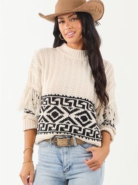 H&M Cream Knit Sweater with Black Geometric Panel and Fringe